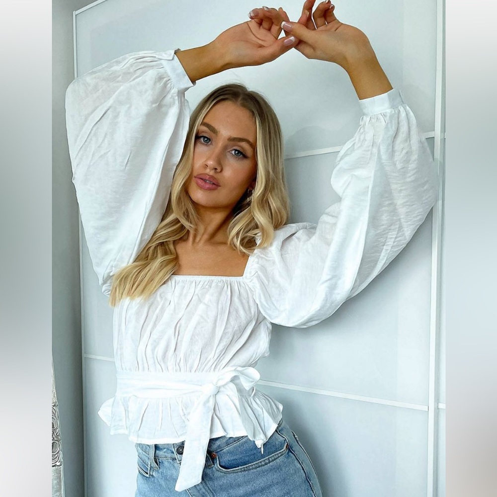 Missguided tie waist top with balloon sleeves in white